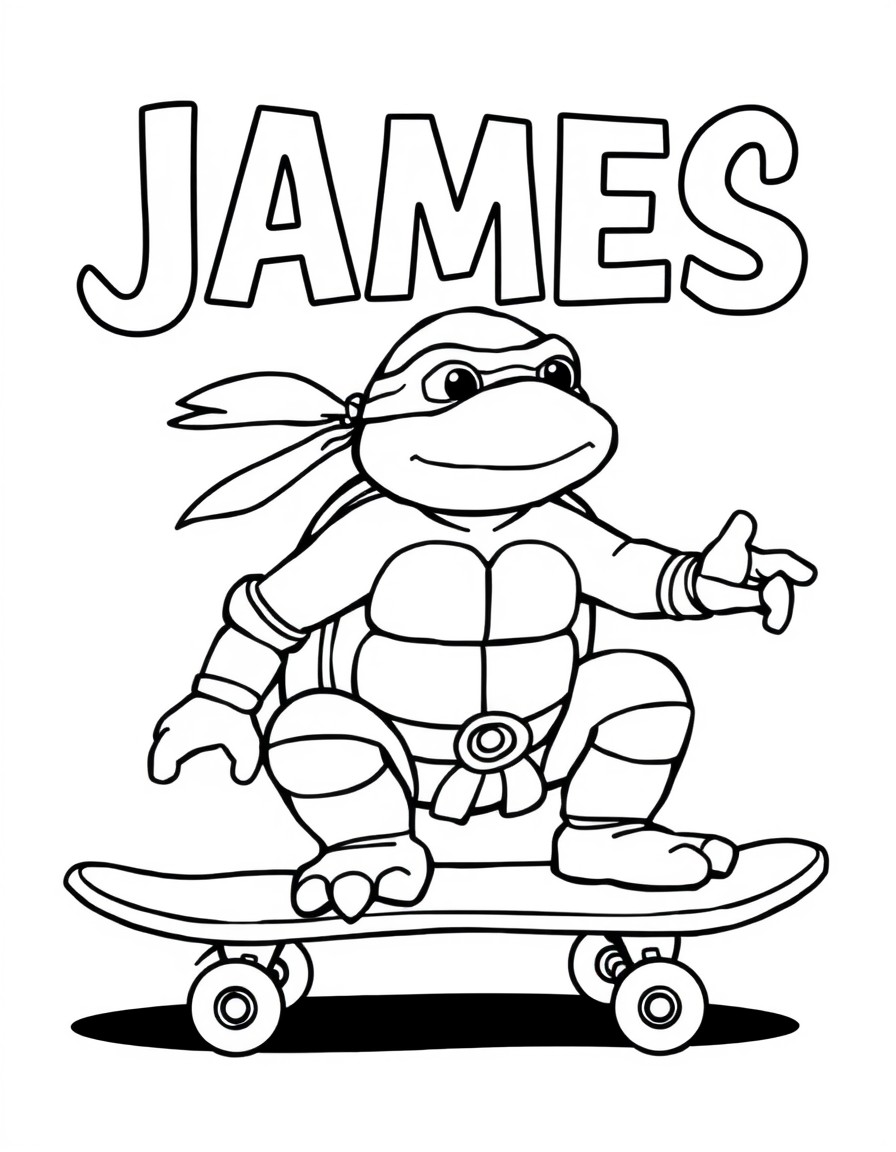 A ninja turtle on a skateboard and the text 'JAMES' in the background