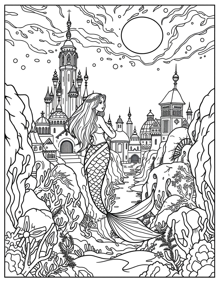 A mermaid exploring an underwater city