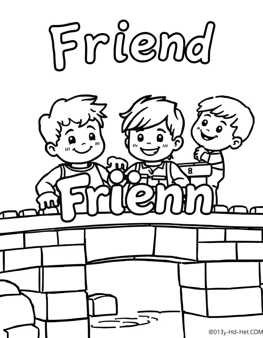 black and whitwo human kids building a bridge together out of legos, cheerful atmosphere, creative playfulness, engaging expressions, whimsical style, lighthearted vibe, accurately spelled text "Frien