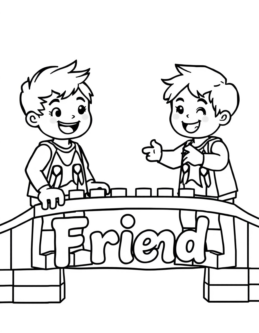 black and whitwo human kids building a bridge together out of legos, cheerful atmosphere, creative playfulness, engaging expressions, whimsical style, lighthearted vibe, accurately spelled text "Frien