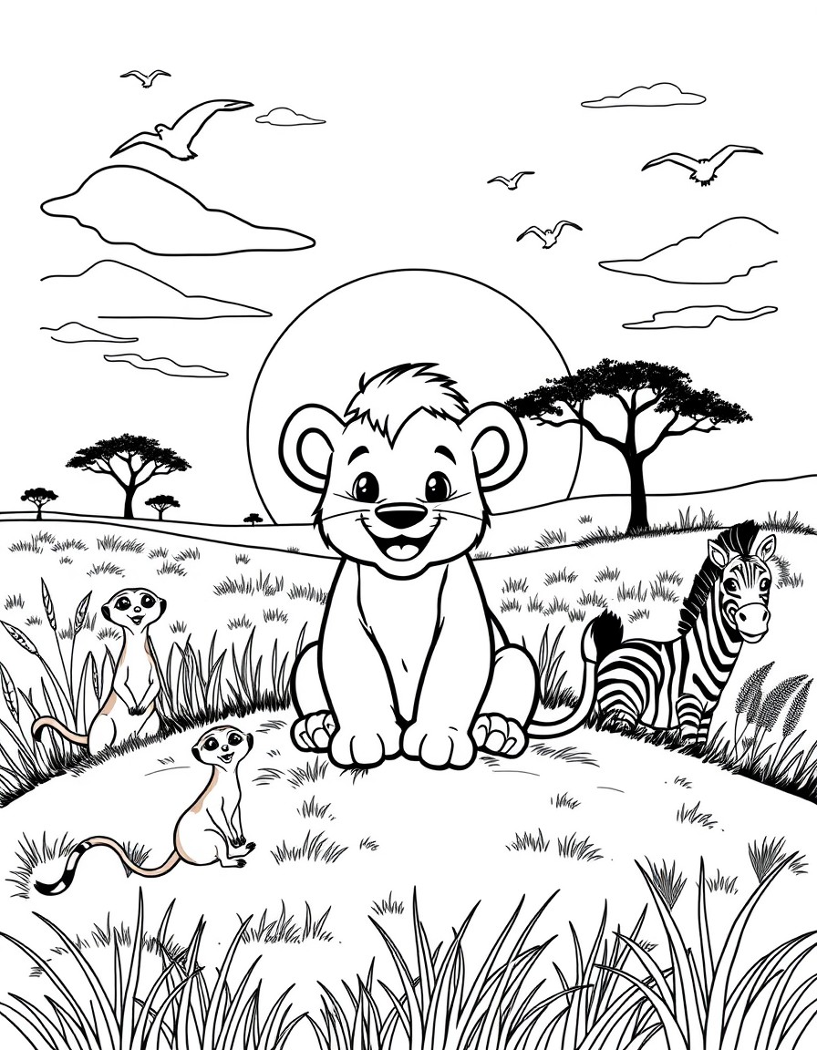 A cheerful lion cub sits on a grassy hill under a colorful sunrise, surrounded by playful meerkats and curious zebras. In the background, there are acacia trees, tall grass, and birds flying in the sk