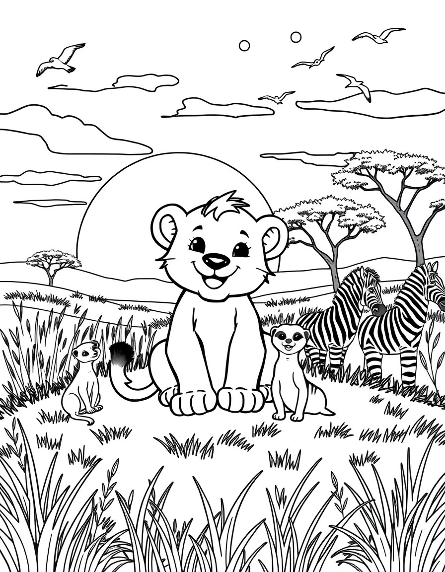 A cheerful lion cub sits on a grassy hill under a colorful sunrise, surrounded by playful meerkats and curious zebras. In the background, there are acacia trees, tall grass, and birds flying in the sk