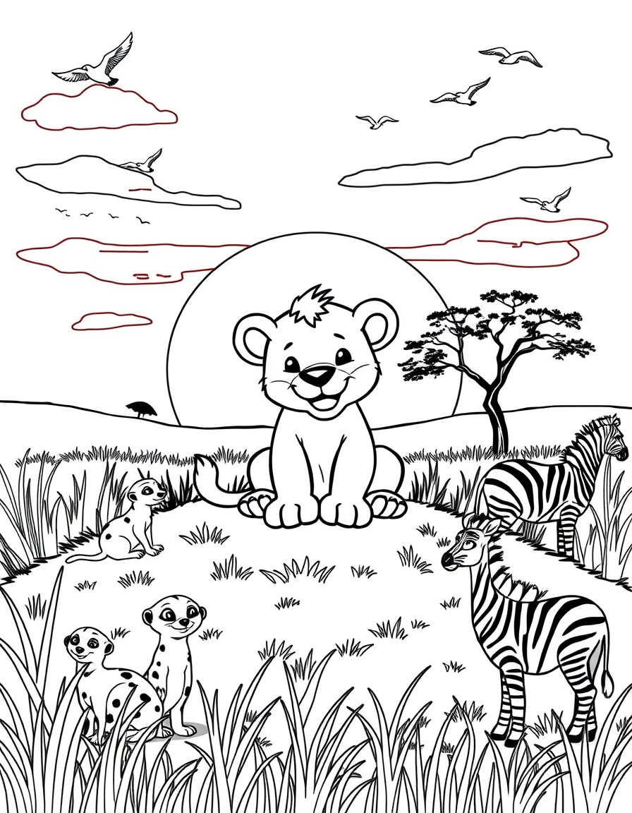 A cheerful lion cub sits on a grassy hill under a colorful sunrise, surrounded by playful meerkats and curious zebras. In the background, there are acacia trees, tall grass, and birds flying in the sk