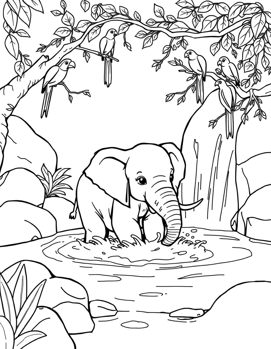 A baby elephant splashes in a shallow waterfall pool, with monkeys swinging from the vines above. Parrots and toucans perch on branches, watching the fun. The rocks are smooth and rounded, and there a