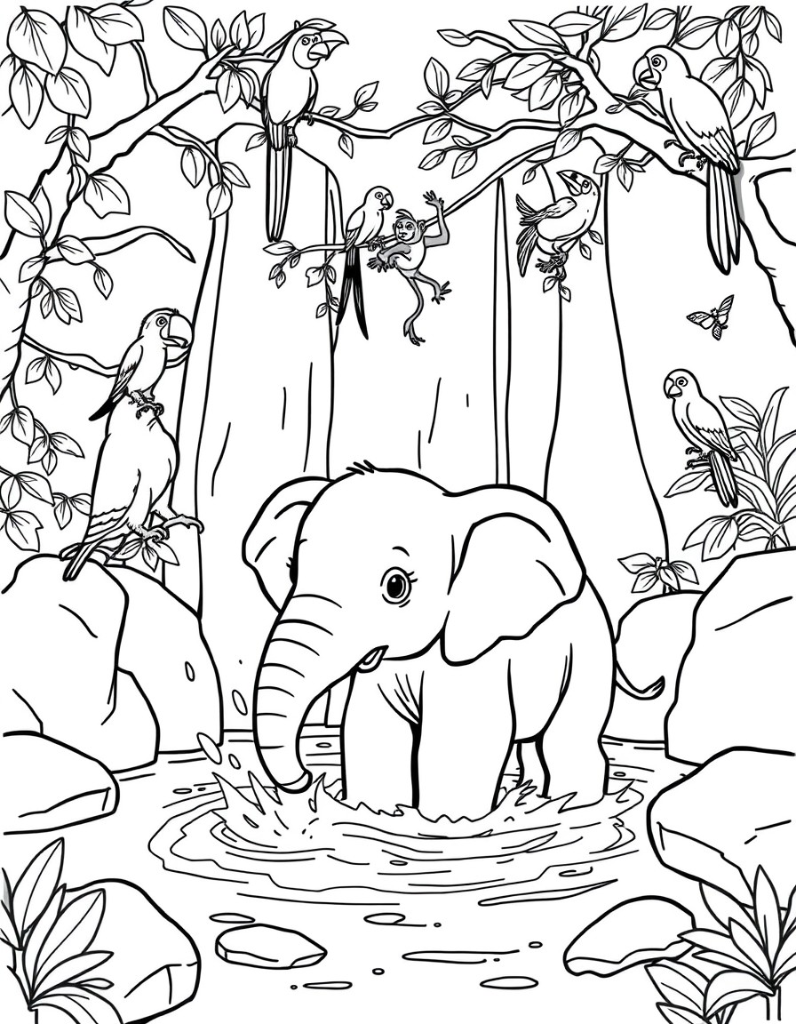 A baby elephant splashes in a shallow waterfall pool, with monkeys swinging from the vines above. Parrots and toucans perch on branches, watching the fun. The rocks are smooth and rounded, and there a