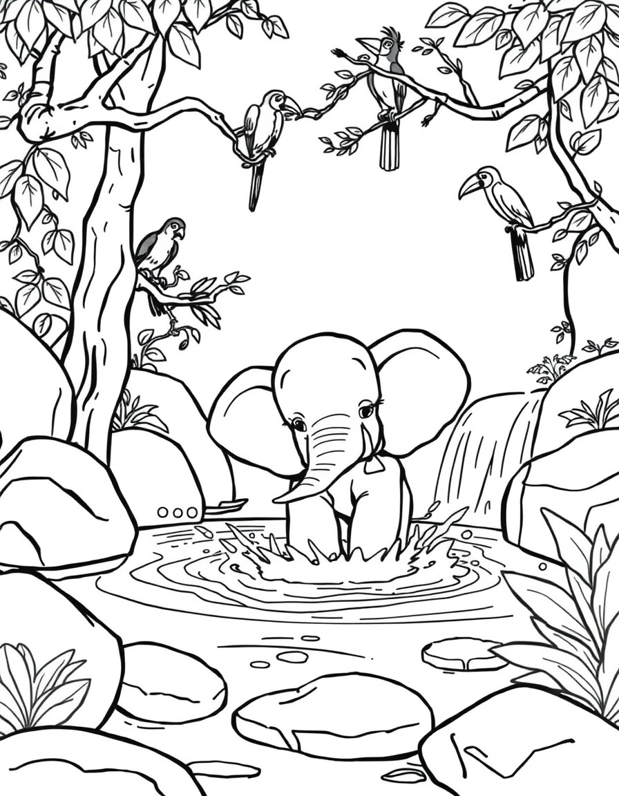 A baby elephant splashes in a shallow waterfall pool, with monkeys swinging from the vines above. Parrots and toucans perch on branches, watching the fun. The rocks are smooth and rounded, and there a