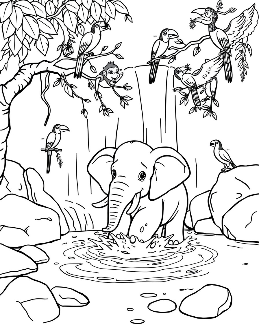 A baby elephant splashes in a shallow waterfall pool, with monkeys swinging from the vines above. Parrots and toucans perch on branches, watching the fun. The rocks are smooth and rounded, and there a