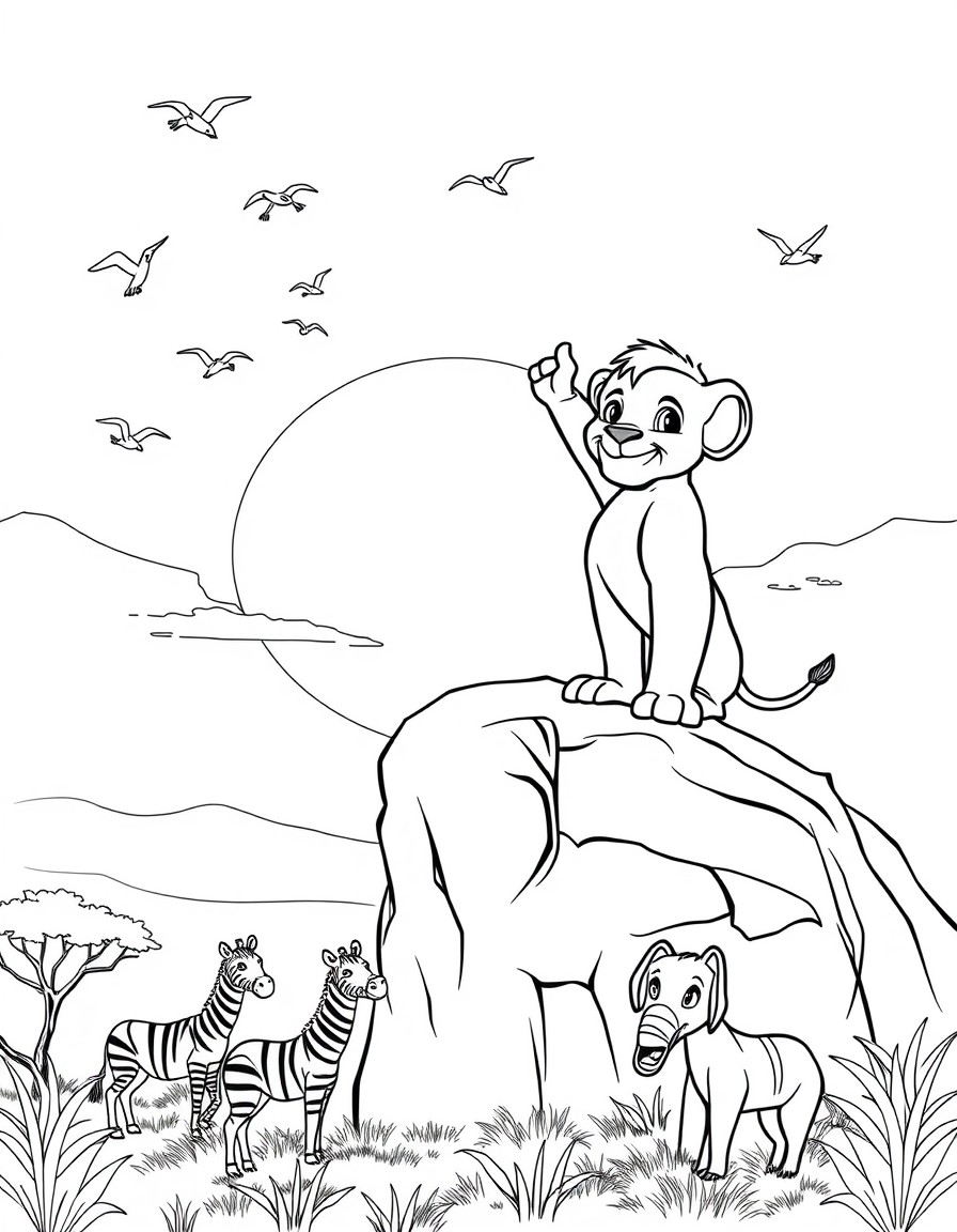 Simba, the lion cub, stands on Pride Rock with his arms raised as the sun rises in the background. Birds fly across the golden sky, and animals like zebras, giraffes, and elephants gather below, looki