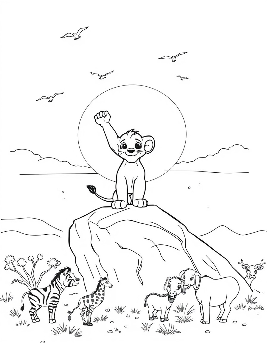 Simba, the lion cub, stands on Pride Rock with his arms raised as the sun rises in the background. Birds fly across the golden sky, and animals like zebras, giraffes, and elephants gather below, looki