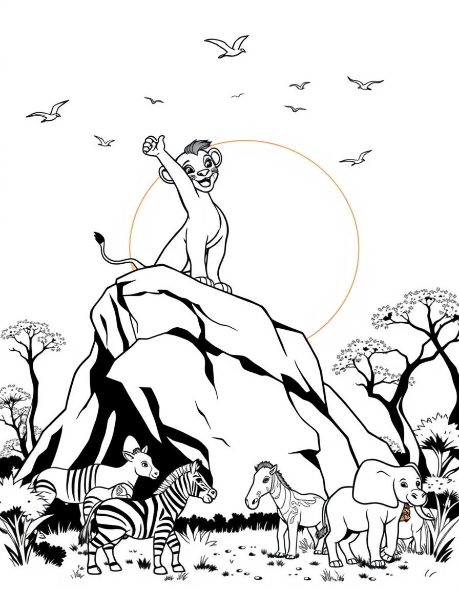 Simba, the lion cub, stands on Pride Rock with his arms raised as the sun rises in the background. Birds fly across the golden sky, and animals like zebras, giraffes, and elephants gather below, looki