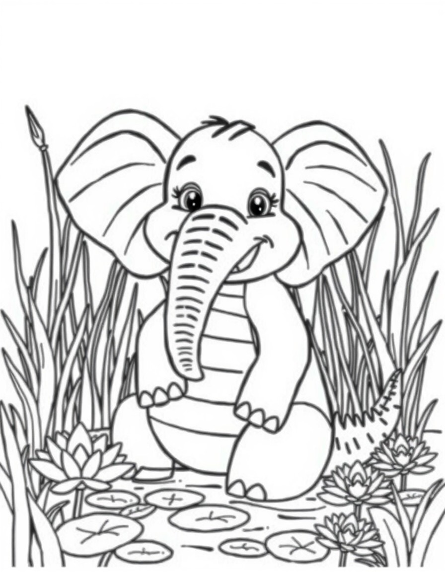 a whimsical half elephant, half alligator creature with playful traits from both animals. the setting is a vibrant swamp beeming with life featuring lush vegetation, including tall grass, water lilies