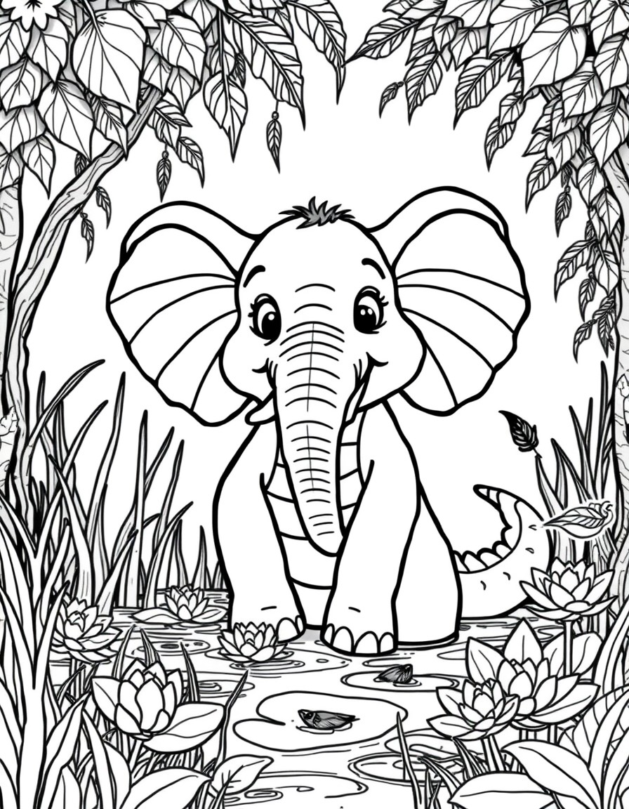 a whimsical half elephant, half alligator creature with playful traits from both animals. the setting is a vibrant swamp beeming with life featuring lush vegetation, including tall grass, water lilies