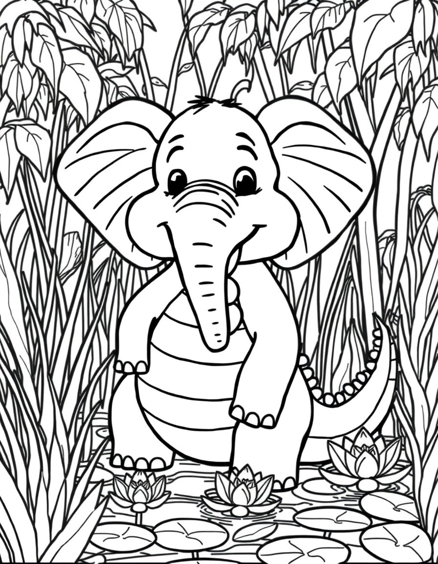 a whimsical half elephant, half alligator creature with playful traits from both animals. the setting is a vibrant swamp beeming with life featuring lush vegetation, including tall grass, water lilies