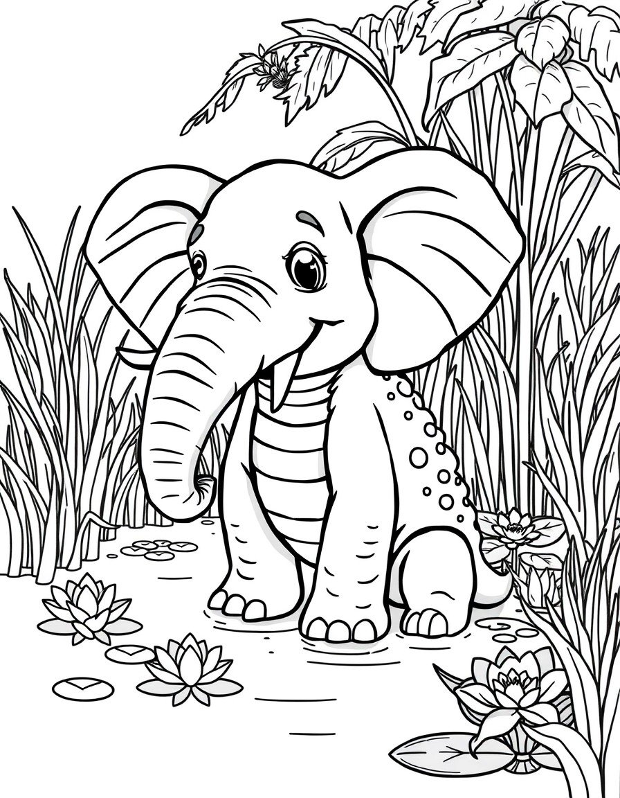 a whimsical half elephant, half alligator creature with playful traits from both animals. the setting is a vibrant swamp beeming with life featuring lush vegetation, including tall grass, water lilies