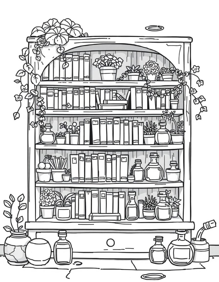 A cartoony bookshelf with books, plants, and potion botles