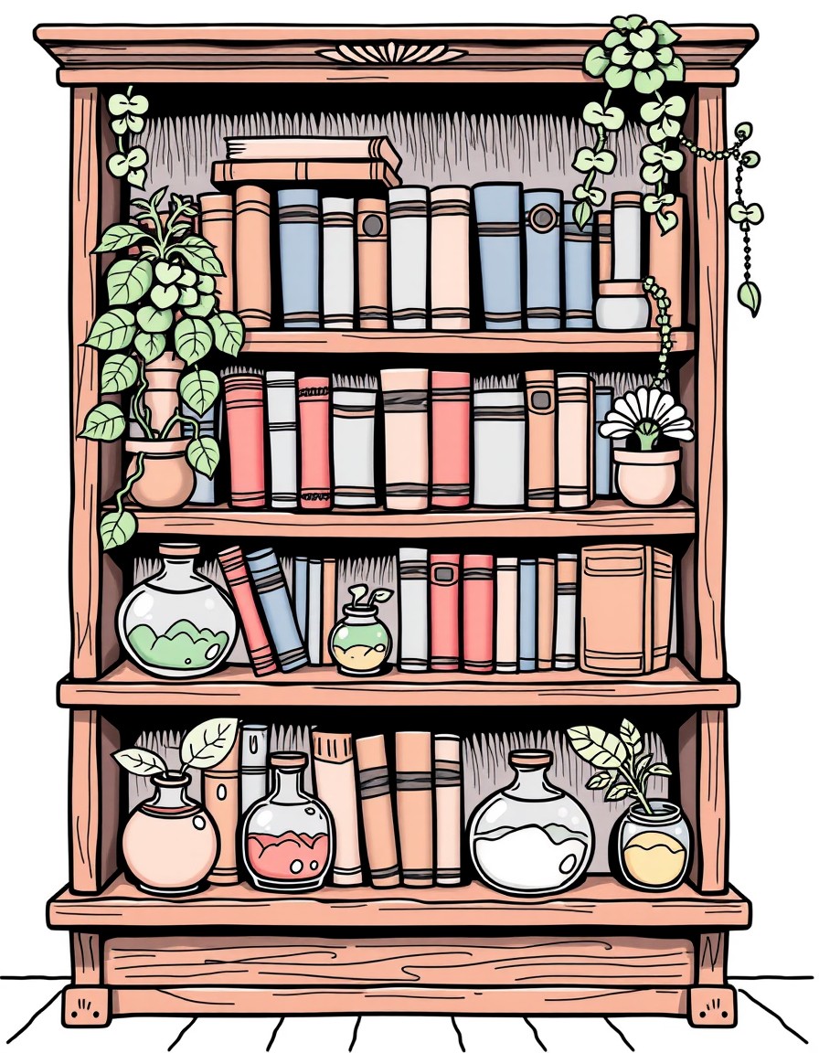 A cartoony bookshelf with books, plants, and potion botles