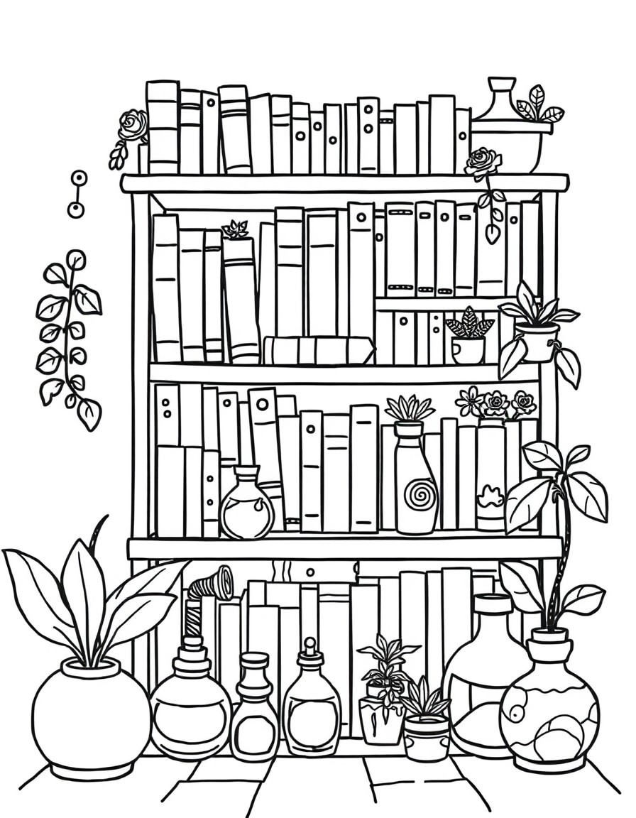 A cartoony bookshelf with books, plants, and potion botles