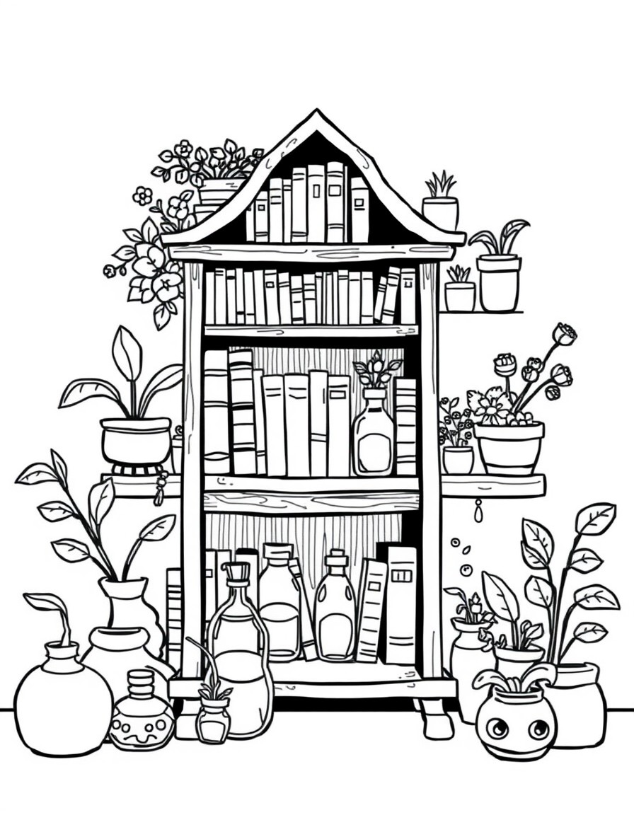 A cartoony bookshelf with books, plants, and potion botles