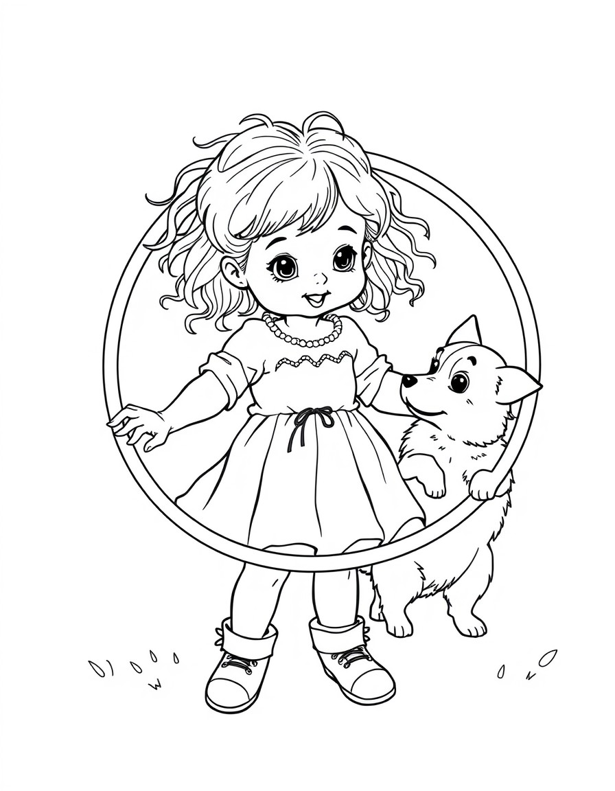 Crea una bambina che gioca con l'hula hoop la bambina ha i capelli ricci e ha un cagnolino che la guarda mentre lei gioca il cane  un pastore tedesco