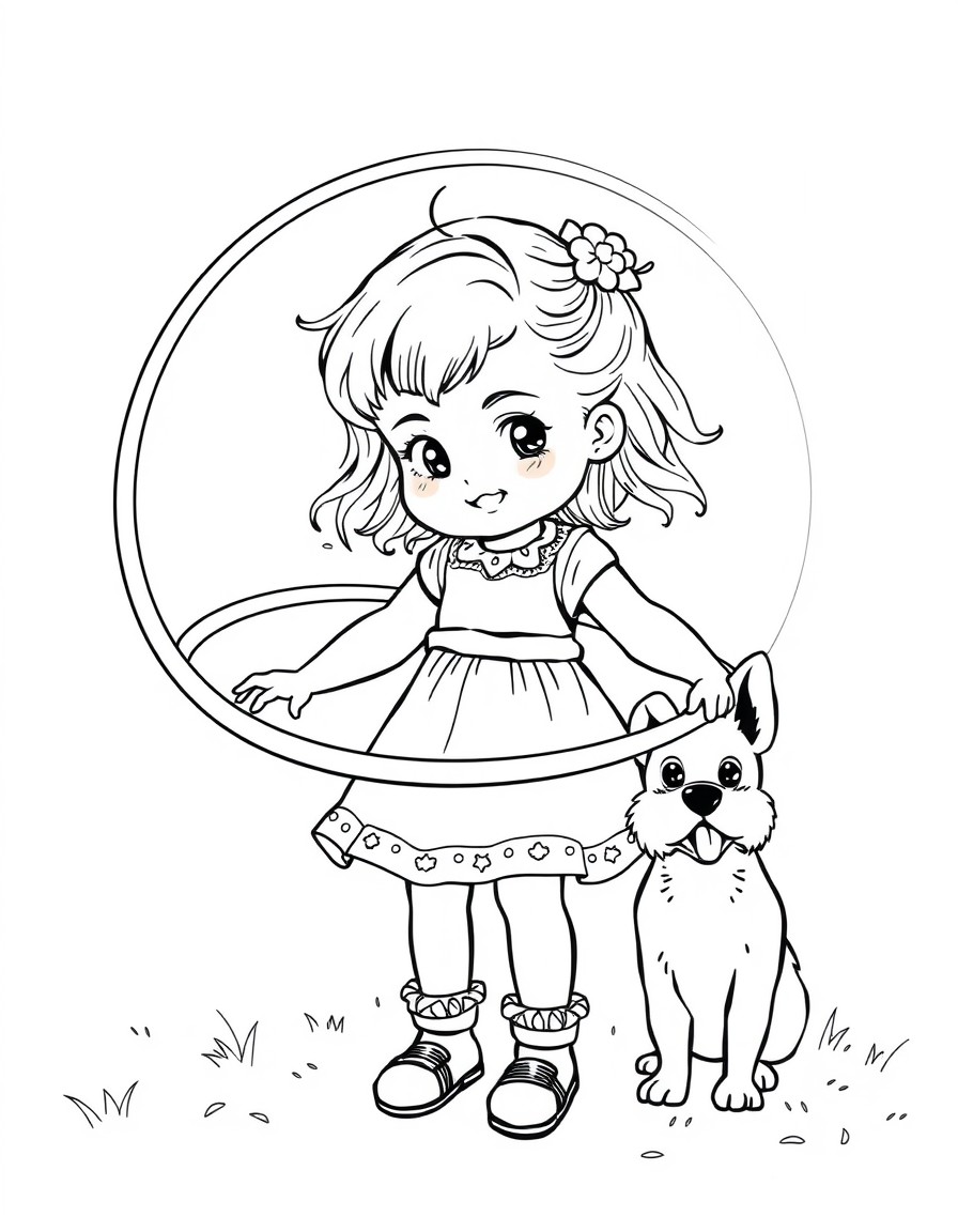Crea una bambina che gioca con l'hula hoop la bambina ha i capelli ricci e ha un cagnolino che la guarda mentre lei gioca il cane  un pastore tedesco