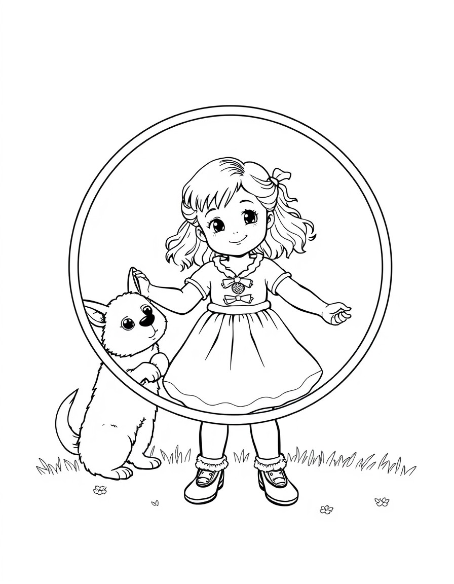 Crea una bambina che gioca con l'hula hoop la bambina ha i capelli ricci e ha un cagnolino che la guarda mentre lei gioca il cane  un pastore tedesco
