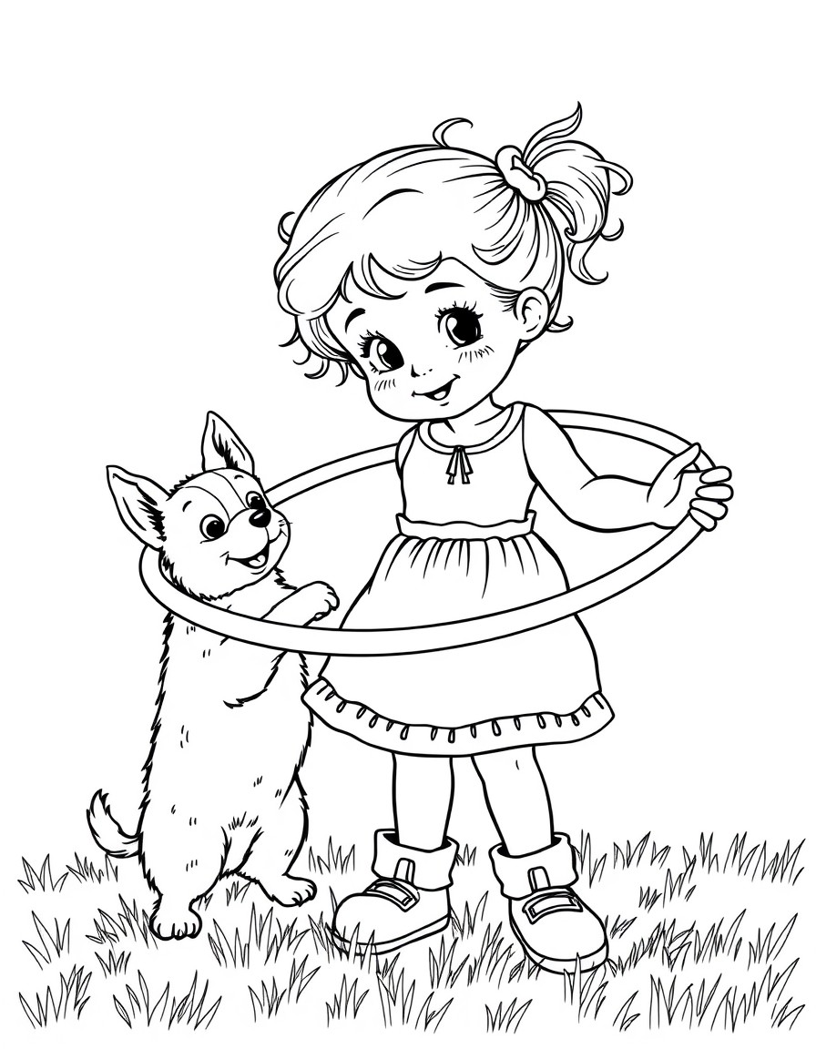 Crea una bambina che gioca con l'hula hoop la bambina ha i capelli ricci e ha un cagnolino che la guarda mentre lei gioca il cane  un pastore tedesco