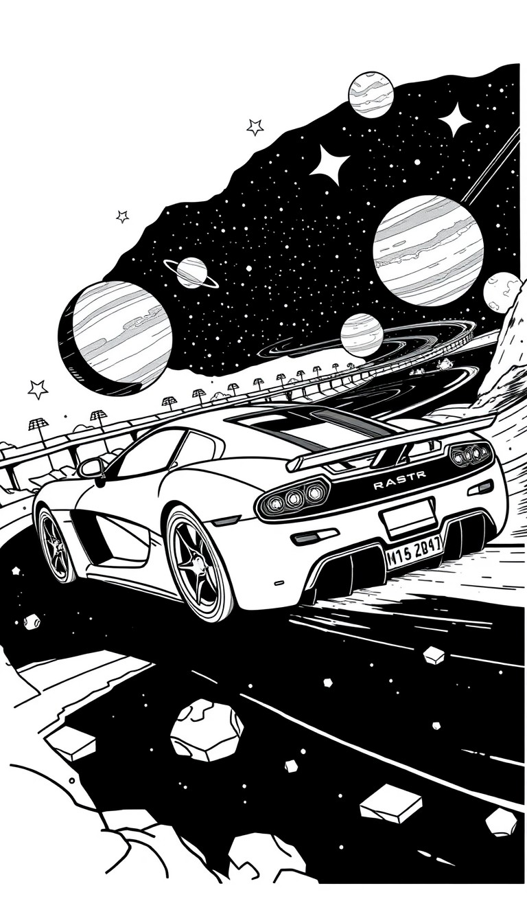 A supercar drifting around a cosmic racetrack filled with planets and shooting stars