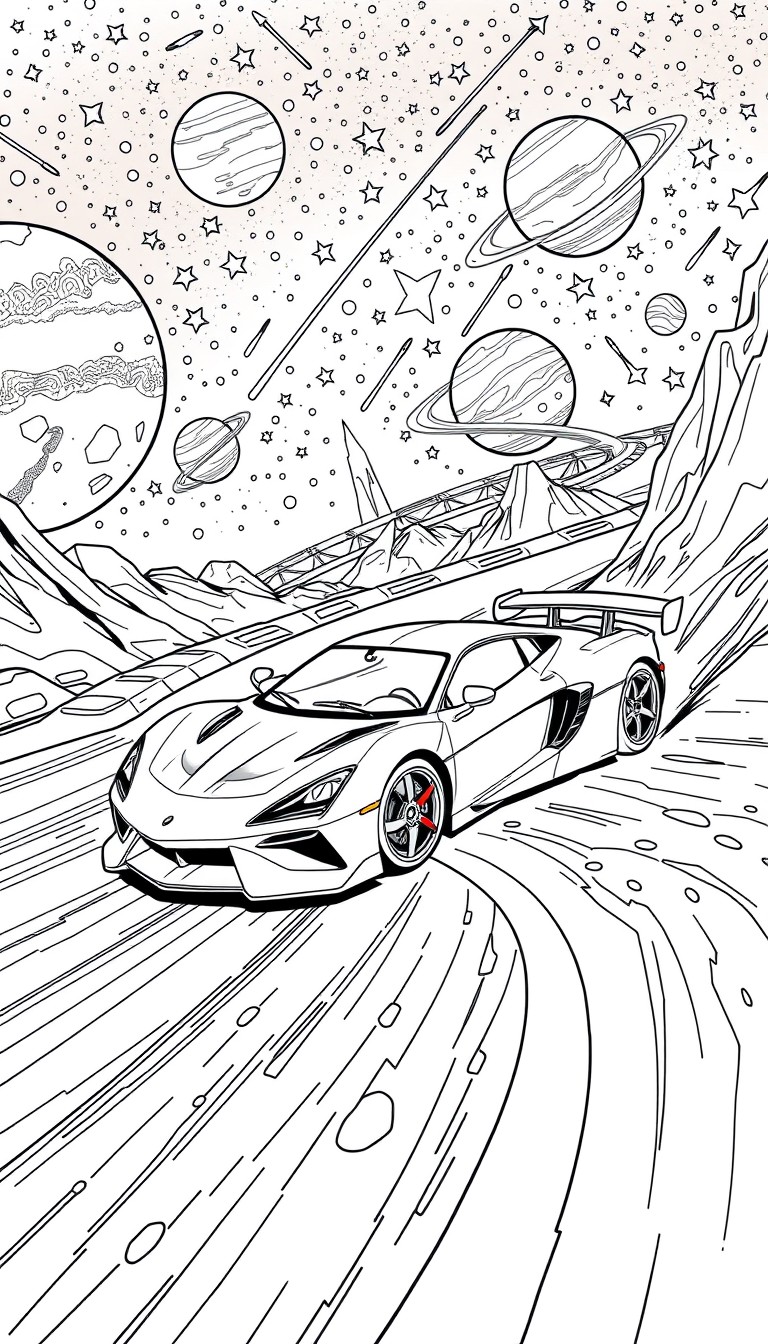 A supercar drifting around a cosmic racetrack filled with planets and shooting stars