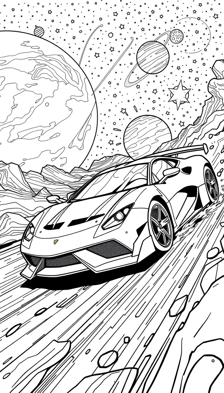 A supercar drifting around a cosmic racetrack filled with planets and shooting stars