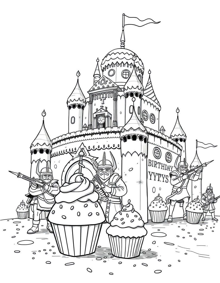 A giant birthday cake fortress defended by cupcake warriors and sprinkle cannons