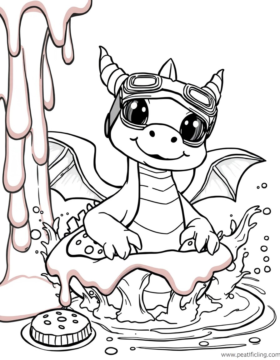 A baby dragon wearing goggles, splashing in a chocolate fountain with cookie rafts
