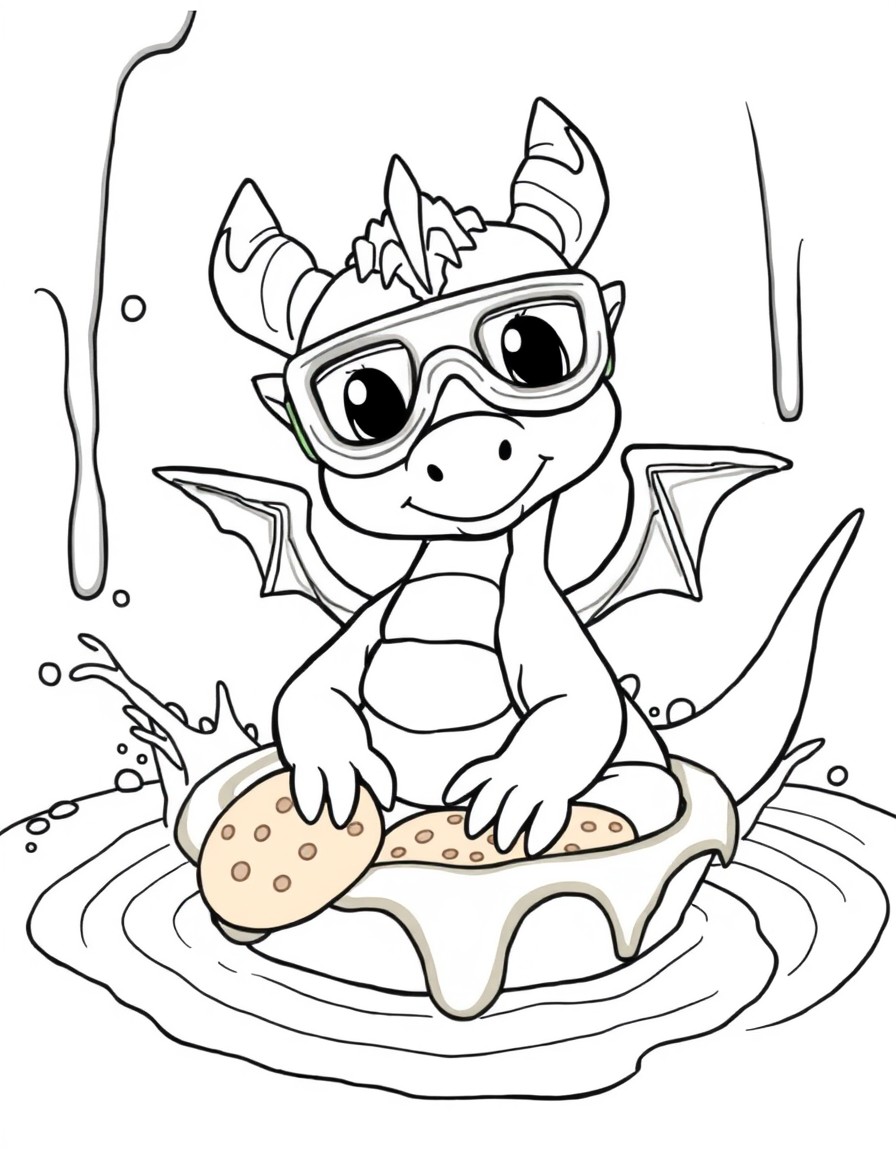 A baby dragon wearing goggles, splashing in a chocolate fountain with cookie rafts