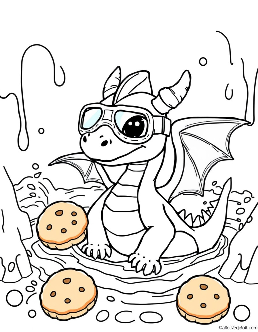 A baby dragon wearing goggles, splashing in a chocolate fountain with cookie rafts