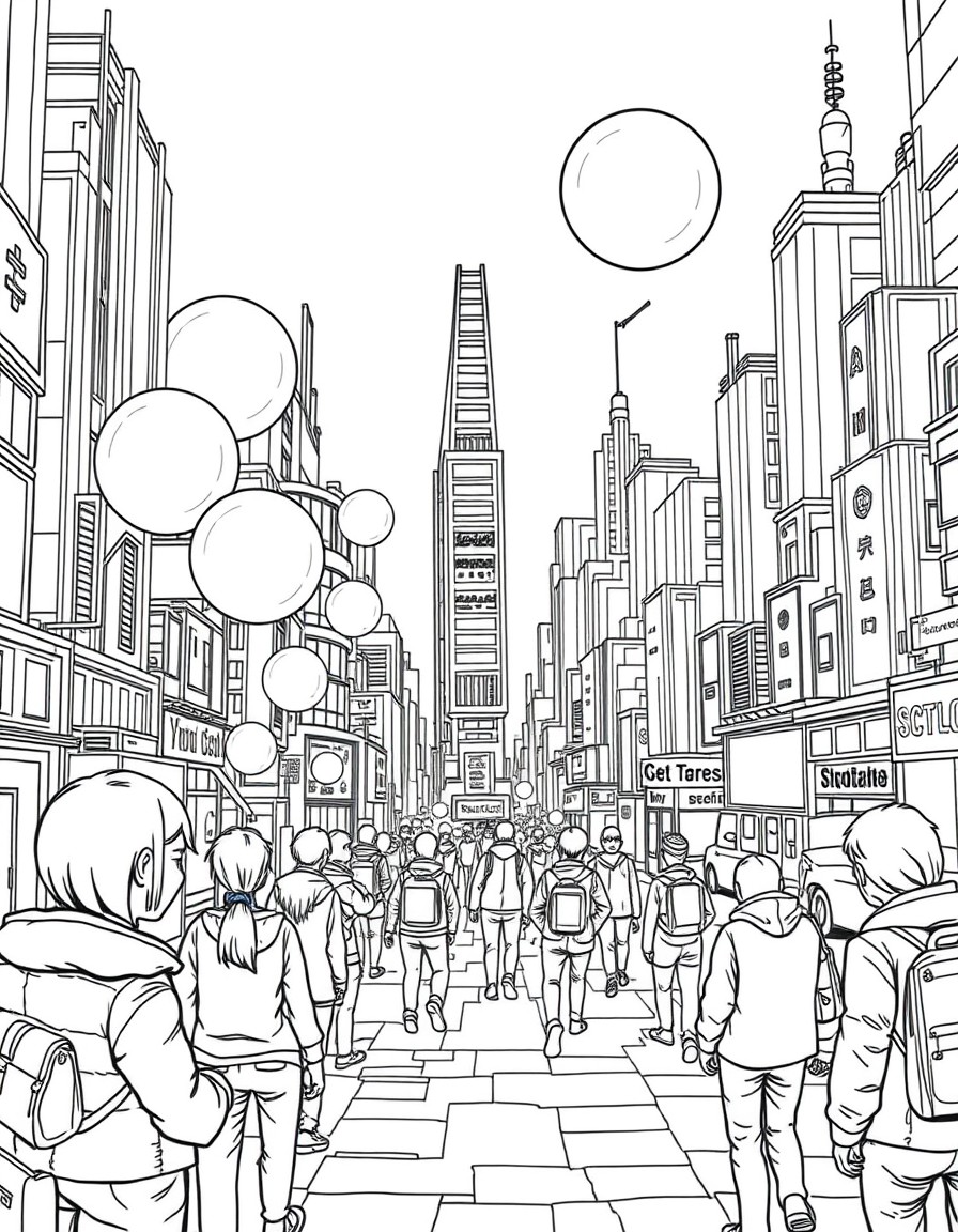 A cyberpunk city where people are blowing bubbles that align into 'Shadowolf'