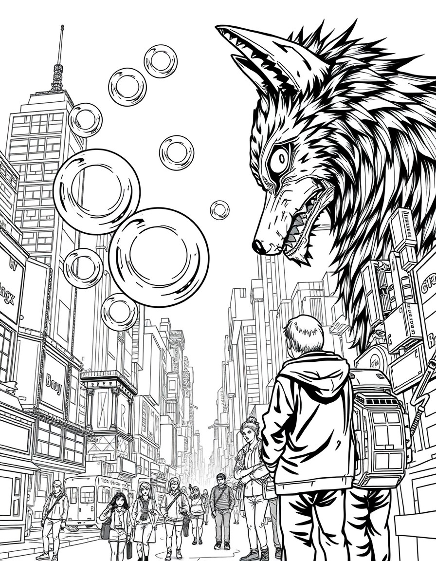 A cyberpunk city where people are blowing bubbles that align into 'Shadowolf'