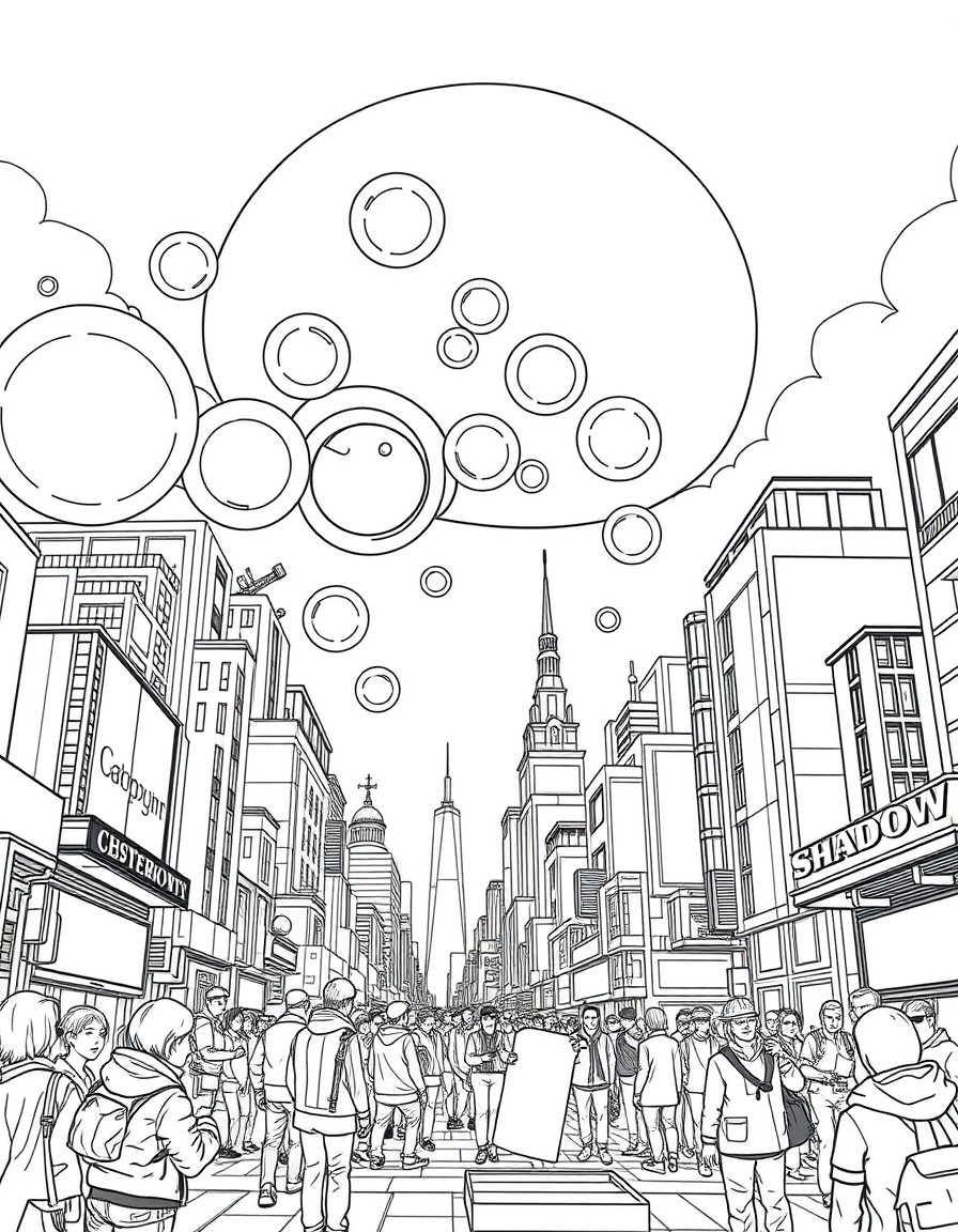 A cyberpunk city where people are blowing bubbles that align into 'Shadowolf'
