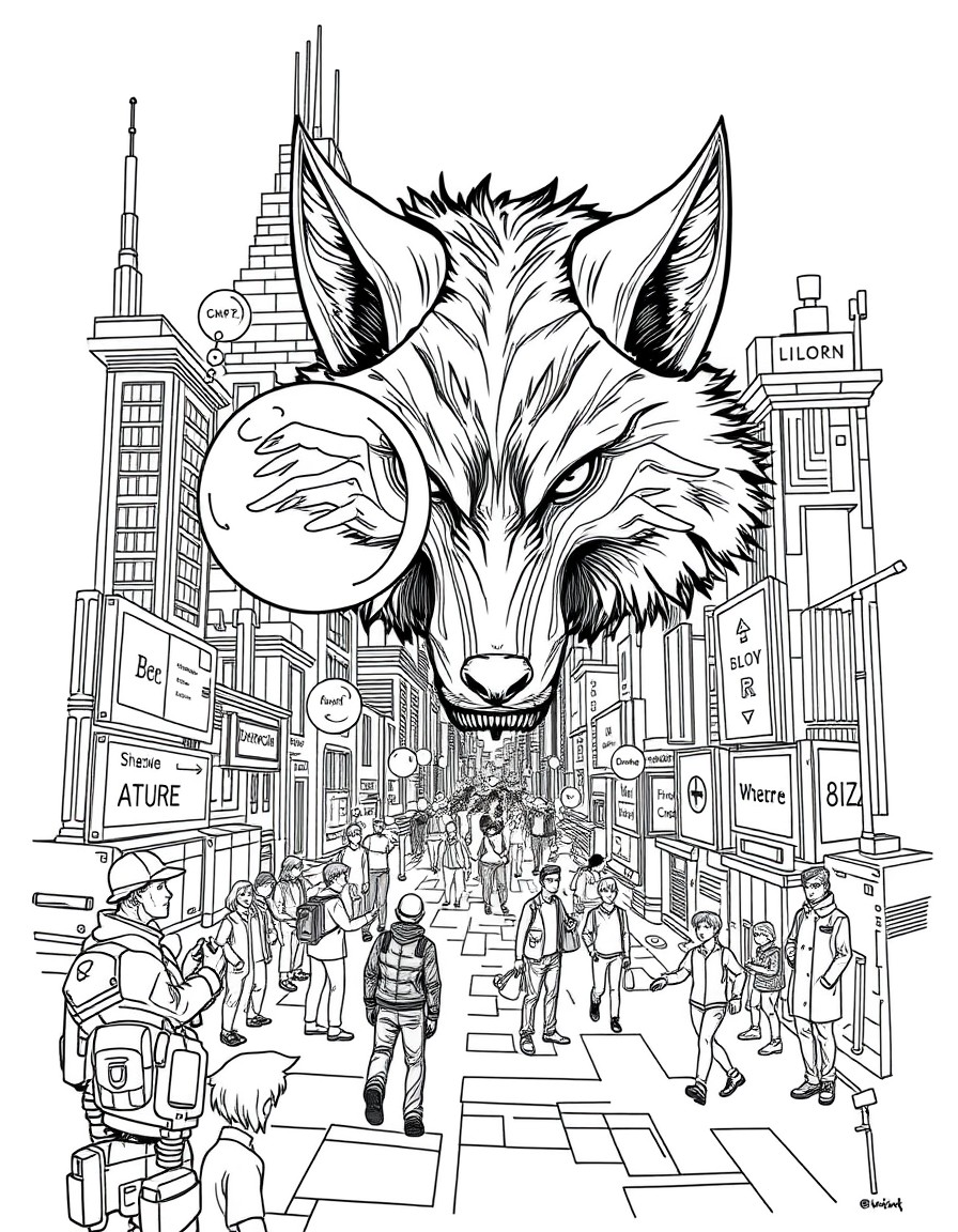 A cyberpunk city where people are blowing bubbles that align into 'Shadowolf'