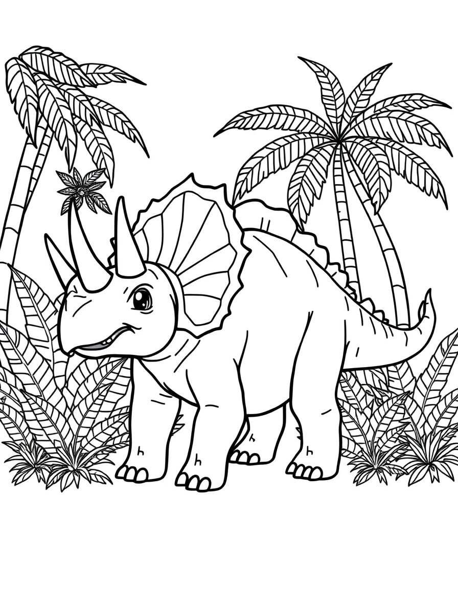 black and white, white background, coloring page of A friendly Triceratops with three horns and a frill, standing in a lush jungle with big ferns and palm trees. with black lines and a white backgroun