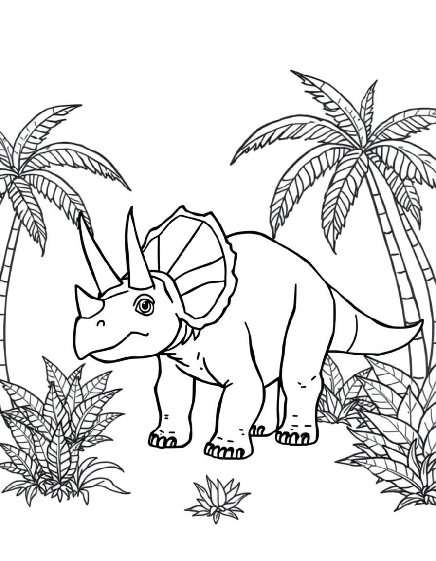 black and white, white background, coloring page of A friendly Triceratops with three horns and a frill, standing in a lush jungle with big ferns and palm trees. with black lines and a white backgroun