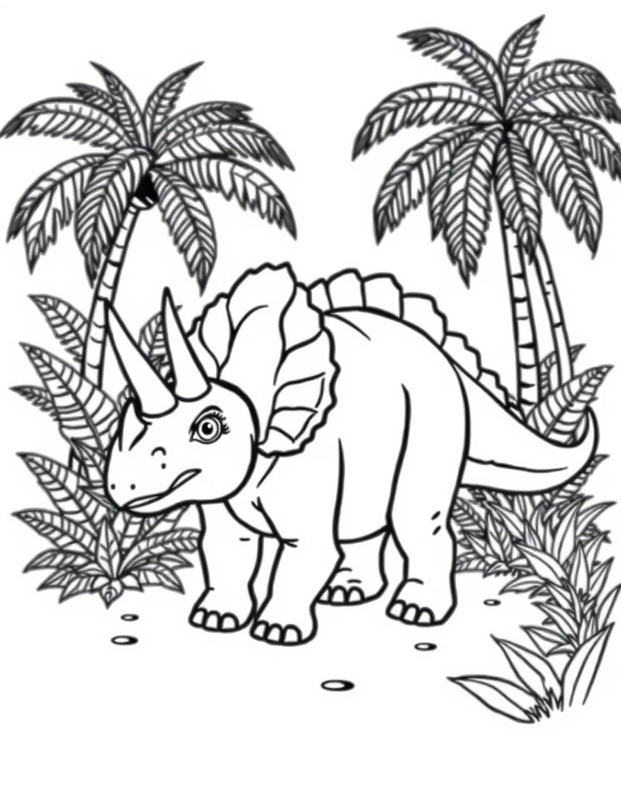 black and white, white background, coloring page of A friendly Triceratops with three horns and a frill, standing in a lush jungle with big ferns and palm trees. with black lines and a white backgroun