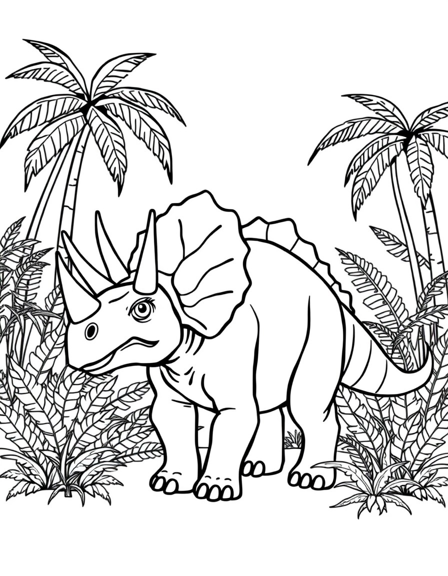 black and white, white background, coloring page of A friendly Triceratops with three horns and a frill, standing in a lush jungle with big ferns and palm trees. with black lines and a white backgroun