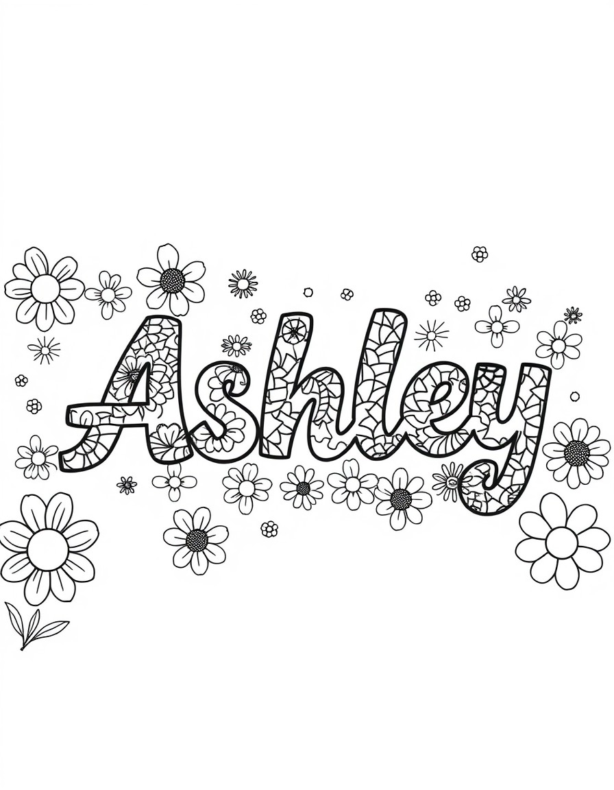 "Ashley" in bold and bubbly font with Zentangle styled drawing inside the fonts individual letters. Multiple types of flowers scattered around in the background for a clean and bold line art style flo