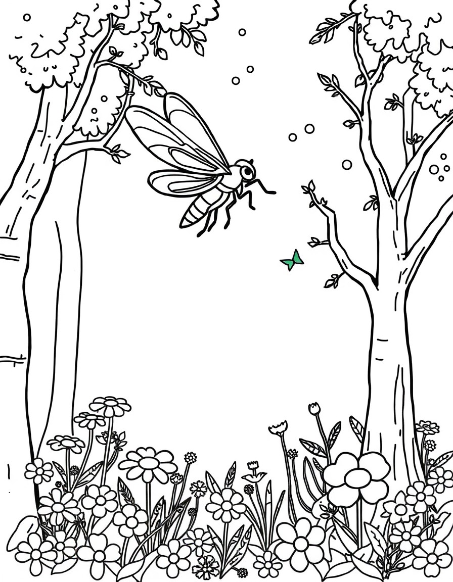 Firefly flying over a magical tree in a forest with many flowers