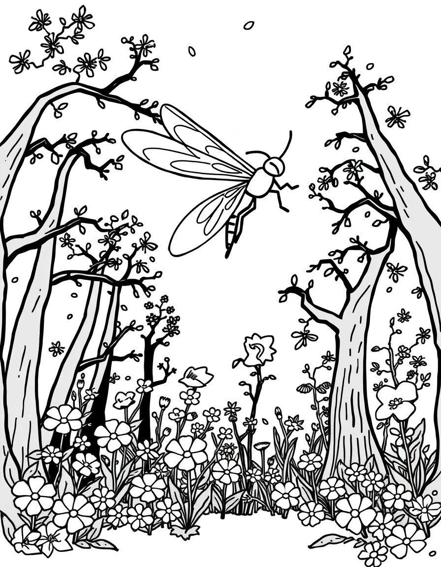 Firefly flying over a magical tree in a forest with many flowers