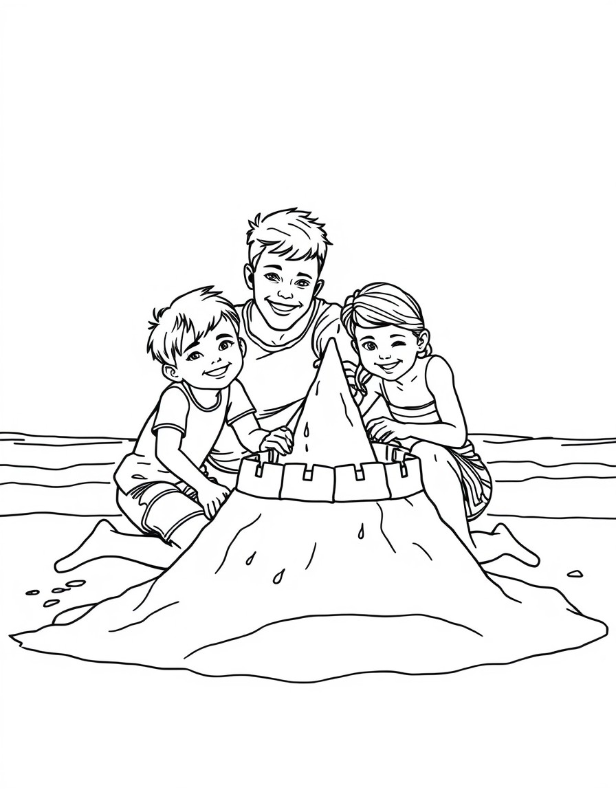 A lovely family having fun on the beach building a castle made of sand
