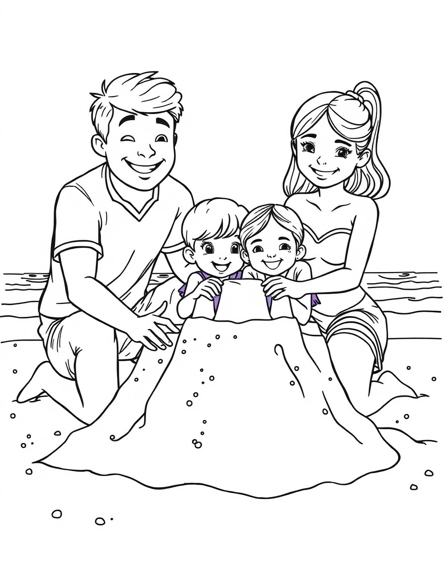 A lovely family having fun on the beach building a castle made of sand