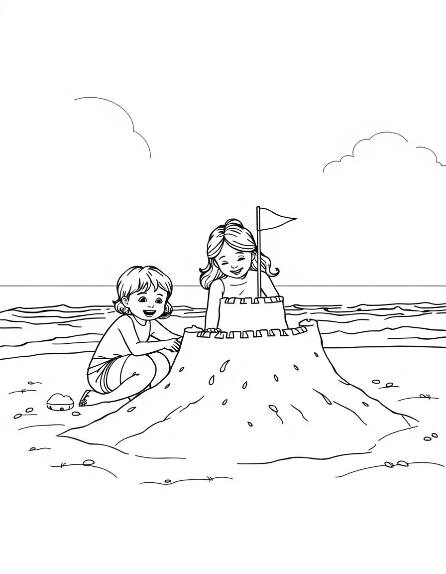 A lovely family having fun on the beach building a castle made of sand