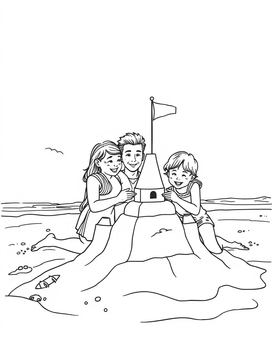 A lovely family having fun on the beach building a castle made of sand