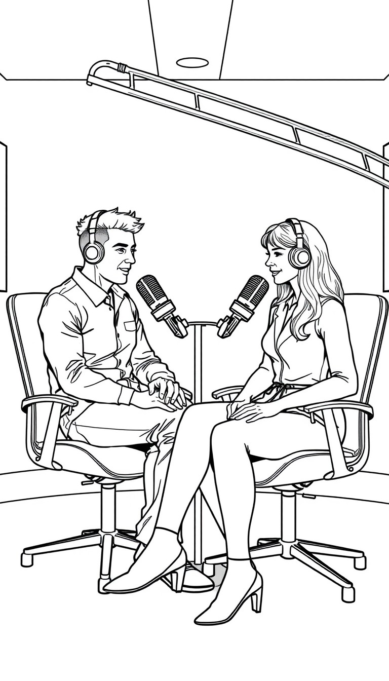 Podcast- " A man and woman are sitting on modern chairs in a well-lit podcast studio, facing straight toward the camera. Both are wearning sleek headphones and speaking into professional microphones p