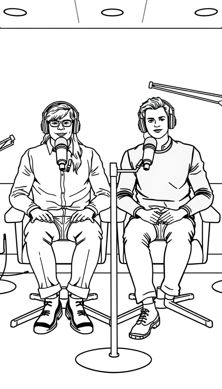 Podcast- " A man and woman are sitting on modern chairs in a well-lit podcast studio, facing straight toward the camera. Both are wearning sleek headphones and speaking into professional microphones p